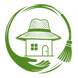Die Haushaltshilfe, Logo: Haus mit Reetdach in einem grünen Kreis aus Besen und Hand