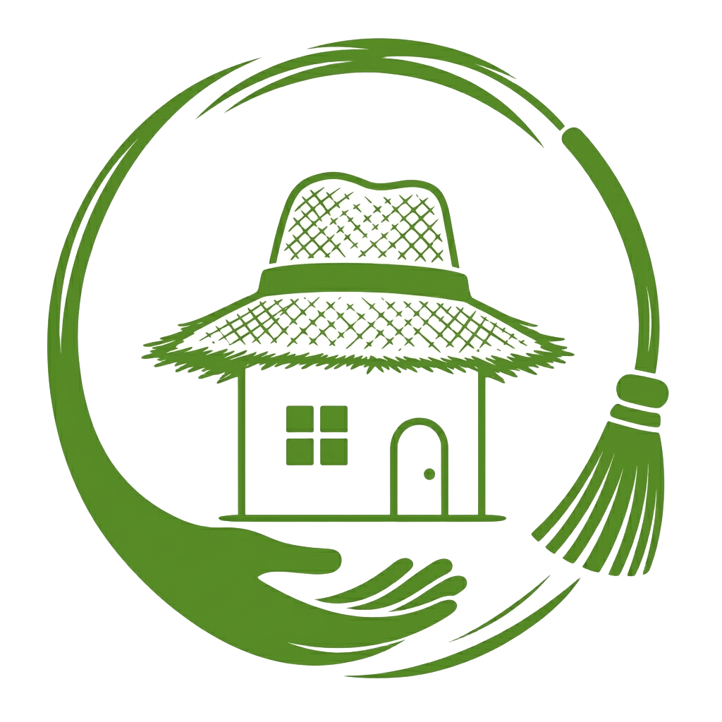 Die Haushaltshilfe, Logo: Haus mit Reetdach in einem grünen Kreis aus Besen und Hand